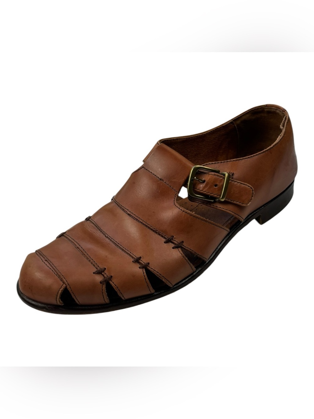 Bass Muzi Loafers British Tan Men’s Size 12 Leather Monk Strap Sandals w/Buckle